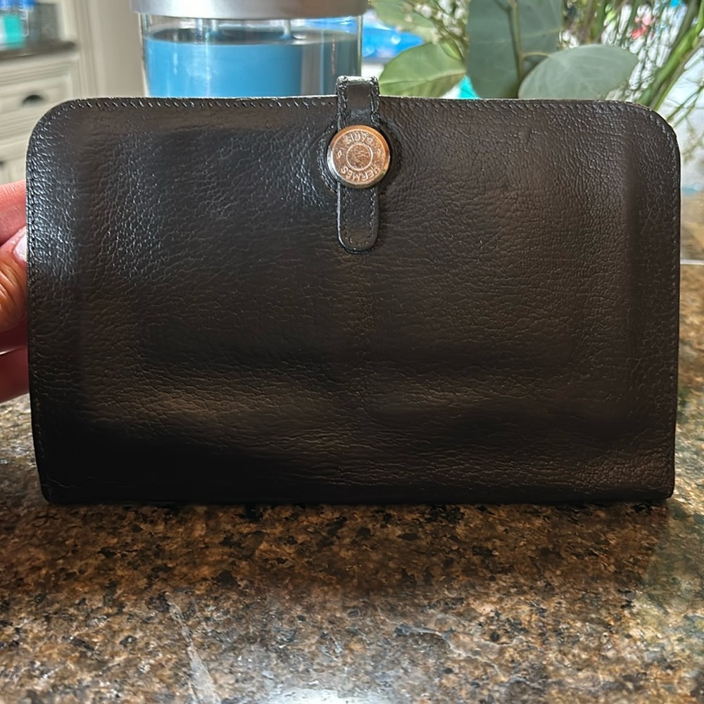 Hermes black leathered large continental wallet  w iridescent copper interior